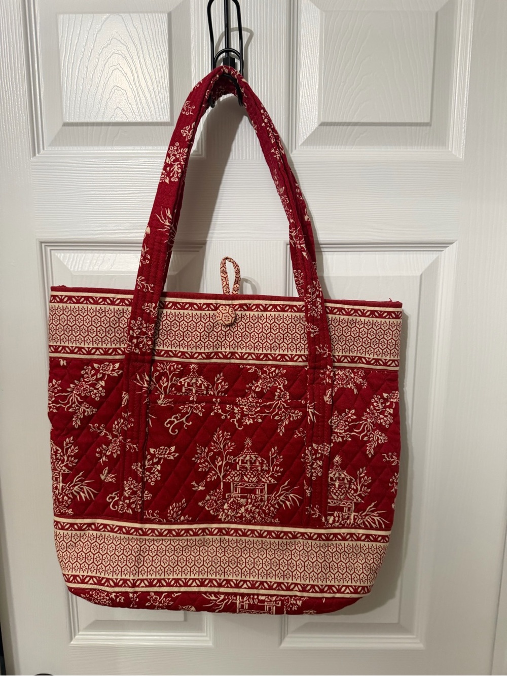 Quilted Floral Red Tote Bag with Cream Accents